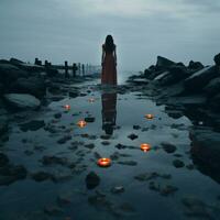 lá é uma mulher em pé em uma de praia com velas dentro a água. generativo ai. foto