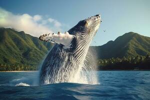 lá é uma baleia pulando Fora do a água com Está boca abrir. generativo ai. foto