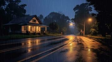 lá é uma casa em a rua dentro a chuva às noite. generativo ai. foto