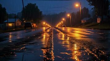lá é uma molhado rua com carros dirigindo baixa isto às noite. generativo ai. foto
