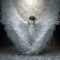 arafado anjo com branco asas dentro uma branco sala. generativo ai. foto