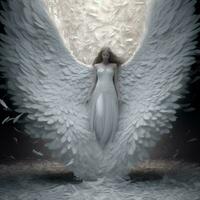 arafado anjo com branco asas e uma branco vestir dentro uma Sombrio sala. generativo ai. foto