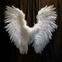 arafado branco anjo asas em uma Preto fundo com uma Castanho cortina. generativo ai. foto