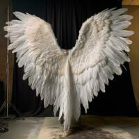 arafado branco anjo asas espalhar Fora em uma Preto pano de fundo. generativo ai. foto