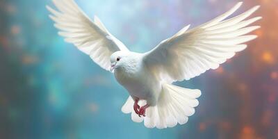 arafado branco pomba vôo dentro a ar com asas espalhar. generativo ai. foto