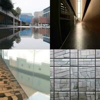 arafado imagem do uma Series do fotos do uma construção e uma piscina. generativo ai.