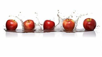 maçãs estão espirrando para dentro uma poça do água com uma branco fundo. generativo ai. foto