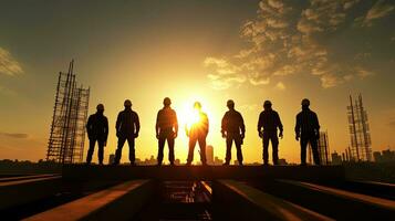 silhueta do construção trabalhador equipe em pé ordens para trabalhador equipe para trabalhos segurança em Alto às construção local. generativo ai foto