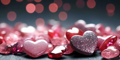 corações estão espalhados em uma mesa com Rosa brilhos. generativo ai. foto