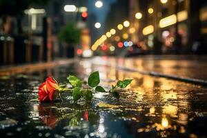 lá é uma rosa este é deitado em a terra dentro a chuva. generativo ai. foto