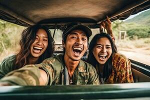 selfie, amizade e carro estrada viagem ou natureza safári feriado viagem dentro Ásia juntos feliz para aventura. generativo ai foto