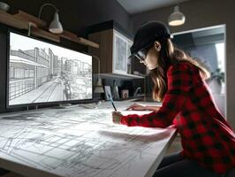 profissional fêmea arquiteto usando vr ar tecnologia realidade trabalhos com projeto .criada com generativo ai foto