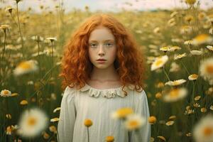 lindo jovem menina com vermelho cabelo dentro camomila flores dentro campo. generativo ai foto