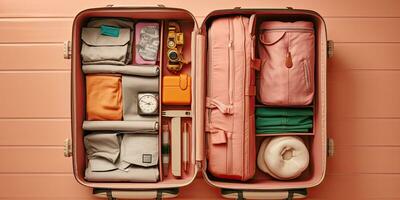 embalagem mala de viagem para viagem período de férias dentro Novo normal, topo Visão , generativo ai foto