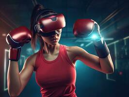 jovem mulher boxe exercício. virtual realidade simulação dentro digital vr jogos .generativo ai . foto