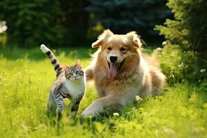 uma gato e cachorros jogar dentro a parque , generativo arte foto