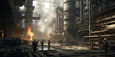 químico indústria plantar - trabalhadores dentro trabalhos roupas dentro uma refinaria com tubos e maquinaria , generativo ai . foto