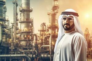 muçulmano árabe homem de negocios com a óleo bombear, óleo refinaria plantar dentro a fundo , generativo ai . foto