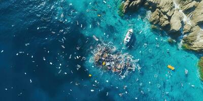 lixo a partir de plástico garrafas dentro a mar , topo Visão , generativo ai foto