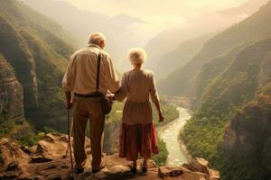 feliz Senior casal aposentado , montanha girar ,montanha cascata fundo Visão , manhã Sol , generativo ai foto