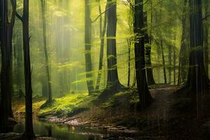 Wald verde mit sonnenstrahlen , generativo ai. foto