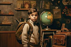 uma pequeno Garoto com mochila dentro Sala de aula , generativo ai foto