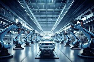 robótico braços dentro uma carro plantar às linha fábrica , generativo ai . foto