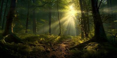 Wald verde mit sonnenstrahlen , generativo ai. foto