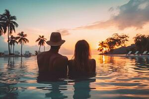 casal apreciar pôr do sol a partir de piscina às tropical recorrer hotel enquanto viajando para verão férias, generativo ai foto