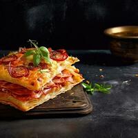 pizza napoleão ,italiano Comida em uma Sombrio rústico plano de fundo, generativo ai. foto