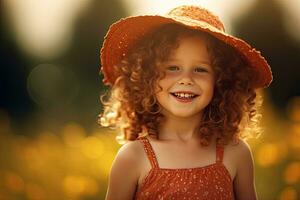 uma lindo criança menina desfrutando a verão Sol , generativo ai foto