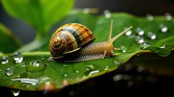 minúsculo maravilhas. Caracol e água gotas em uma folha. generativo ai foto