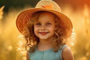 uma lindo criança menina desfrutando a verão Sol , generativo ai foto