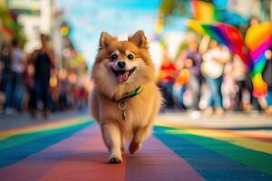 feliz cachorro vestir acima moda e andar dentro a evento lgbtq, generativo ai. foto