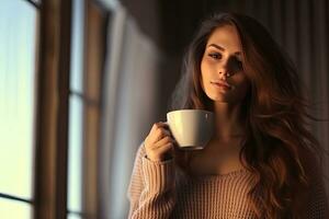 uma mulher bebendo café dentro casa , generativo ai foto