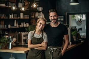 o negócio os Proprietários casal café cafeteria , generativo ai foto