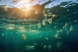 lixo a partir de plástico garrafas dentro a mar , generativo ai foto