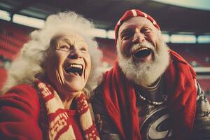 feliz Senior casal cansado ,alegrar em seu favorito futebol equipe, futebol fãs, às a futebol estádio. criada com generativo ai. foto