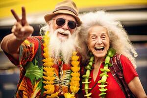 feliz Senior casal aposentado , Vejo seu favorito artista reggae show ,pessoas adolescente fundo , generativo ai foto