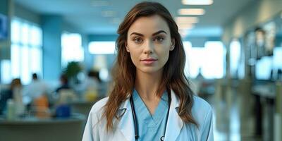 retrato do fêmea europeu médico em pé dentro hospital, cópia de espaço publicidade mensagem , generativo ai. foto