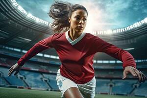 futebol jovem mulher dentro açao em a estádio , generativo ai. foto