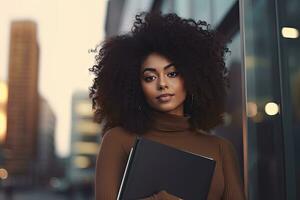 uma lindo jovem mulher de negócios com caderno ,alto construção fundo , generativo ai. foto