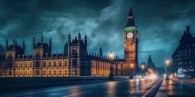 grande ben e a casas do parlamento às noite dentro Londres, Reino Unido , generativo ai foto