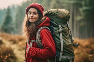 jovem mulher caminhada e indo acampamento dentro natureza .generativo ai . foto