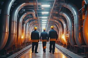 dois pesado indústria engenheiros caminhando através tubo fabricação instalação , generativo ai . foto