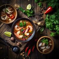 tom yum Goong, Tailândia Comida ,rústico estilo fundo, cópia de espaço, generativo ai foto