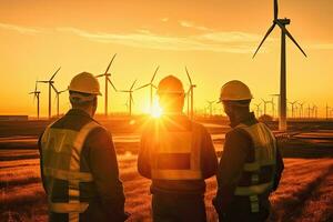 equipe técnico discutindo com engenheiros sobre vento turbinas ,pôr do sol generativo ai . foto