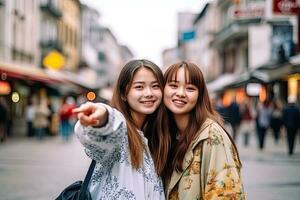 Ásia amigos, viagem e turismo conceito. lindo meninas olhando para direção dentro a cidade , generativo ai foto