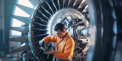 Engenharia trabalhador homem montar uma turbina , generativo ai . foto