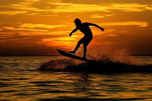 silhueta do uma homem em uma prancha de wakeboard levando fora sobre. generativo ai. foto
